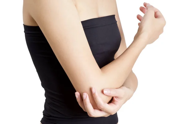 妇女手肘在痛苦区域 隔绝在白色背景 — 图库照片