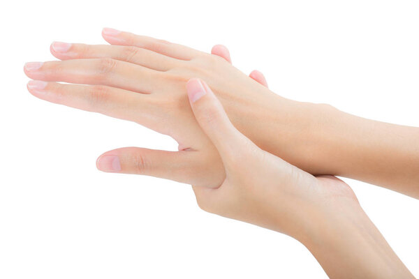 женщина держит ее красивая здоровая спина стороны и массаж в области боли, изолированные на белом фоне
.