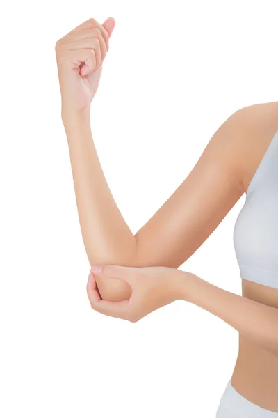 Mão Mulher Segurando Belo Braço Saudável Massageando Seu Cotovelo Área — Fotografia de Stock