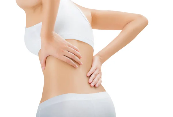 妇女塑造完美健康的身体形状和按摩她背部疼痛区 在白色背景隔离 — 图库照片