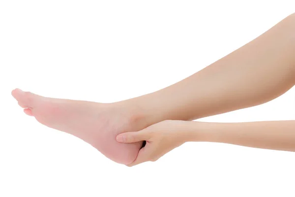 Ženská Ruka Drží Její Krásné Zdravé Nohy Masírovat Kotník Ochromit — Stock fotografie