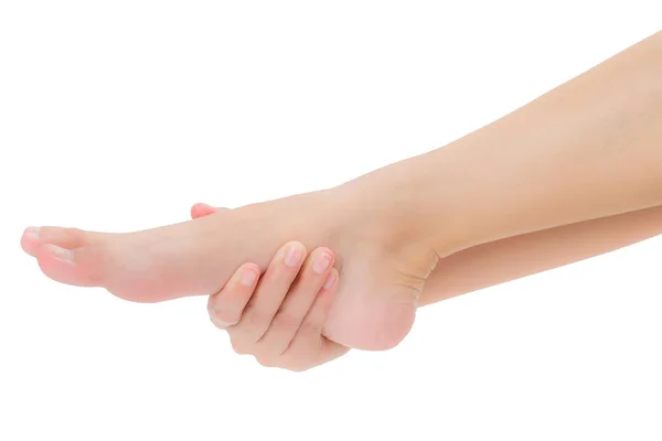 Žena Ruce Drží Krásné Zdravé Nohy Masírovat Oblasti Bolesti Izolované — Stock fotografie