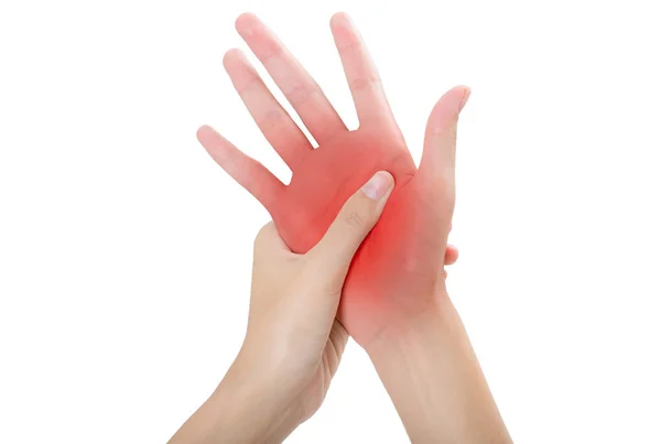 妇女举行美丽健康的前手和按摩她的手掌在疼痛区域与红色突出显示 孤立的白色背景 — 图库照片