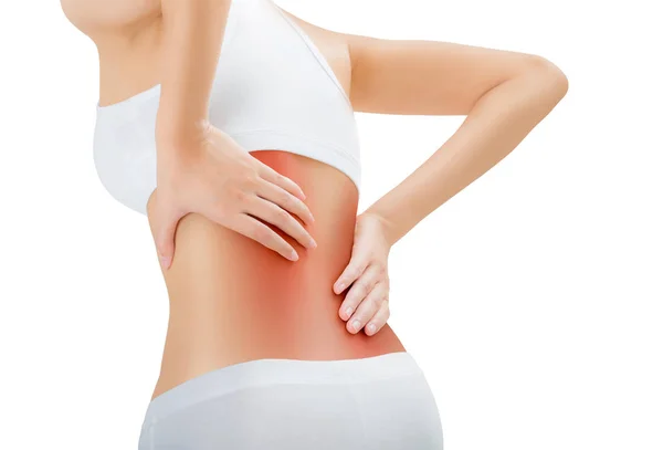 妇女塑造完美健康的身体形状和按摩她背部疼痛区域与红色突出显示 在白色背景隔离 — 图库照片