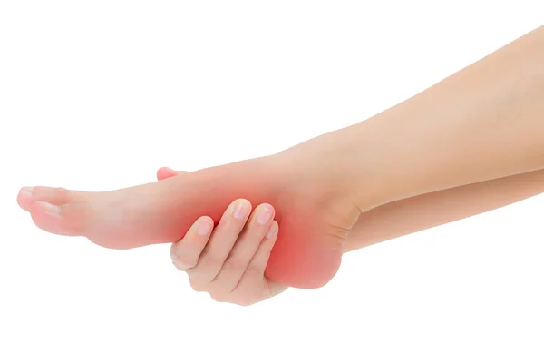 Woman Hands Holding Beautiful Healthy Foot Massaging Pain Area Red — Stock Photo, Image