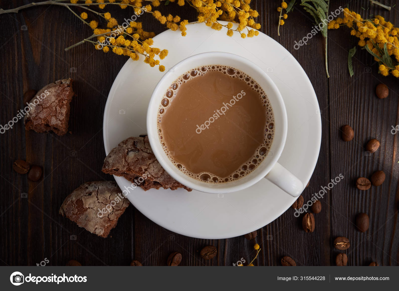 Cup Coffee Milk Half Cookie Scattered Coffee Beans Mimosa Flowers Stock Photo Image By C Bezuglova Evgenia Mail Ru