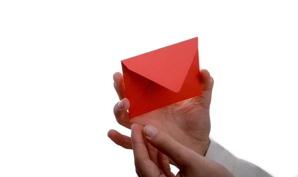 Mano Sosteniendo Sobre Rojo Sobre Fondo Blanco — Foto de Stock