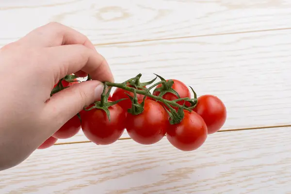 Bunch Red Ripe Tasty Cherry Tomatos Hand — Stock Photo, Image