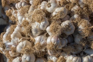Pazar yerinde bir demet sarımsak soğanı.