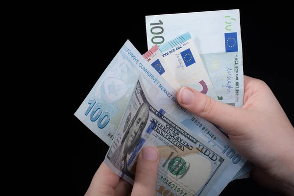 Mano Sosteniendo Dólar Americano Euro Billetes Lira Mano — Foto de Stock