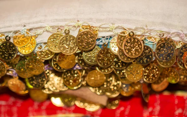 Plenty Fake Gold Coins Scarf Edges — Stock Photo, Image