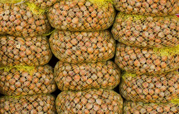 Сушеные Необработанные Семена Фундука Цельных Орехов Мешках — стоковое фото