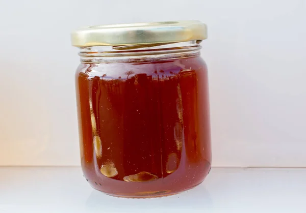 Glazen Pot Vol Verse Honing Met Deksel — Stockfoto