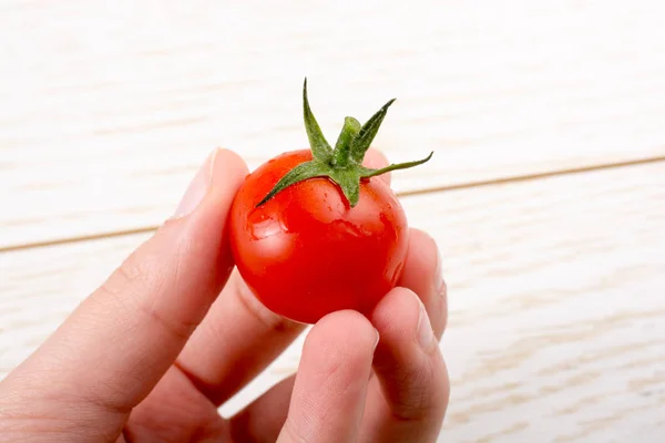 Red Ripe Tasty Fresh Cherry Tomato Hand View — Stock Photo, Image