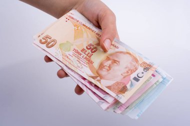 Turksh Lirası banknotlar beyaz arka plan üzerinde tutan el