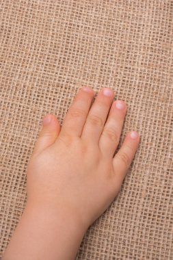 Yürümeye başlayan çocuk el ile keten arka plan bez