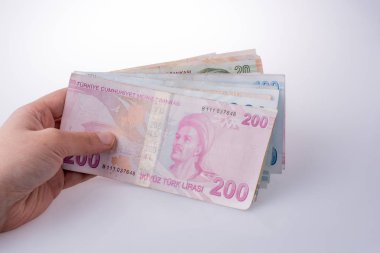 Turksh Lirası banknotlar beyaz arka plan üzerinde tutan el