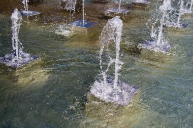 Çeşmeler parktaki bir havuzda köpüklü su fışkırtıyor.