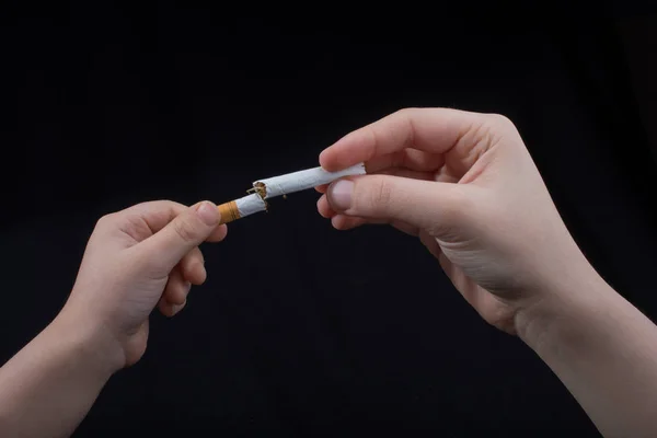 Hand Breaking Cigarette Black Background — Stock Photo, Image