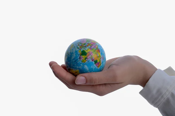 Niño Sosteniendo Pequeño Globo Mano Sobre Fondo Blanco — Foto de Stock