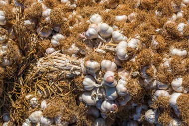 Pazar yerinde bir demet sarımsak soğanı.