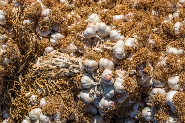 Pazar yerinde bir demet sarımsak soğanı.