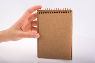 Beyaz arka planda kahverengi spiral bir defter tutuyor.