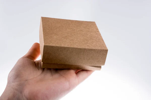 Ruční Držení Karton Box Bílém Pozadí — Stock fotografie