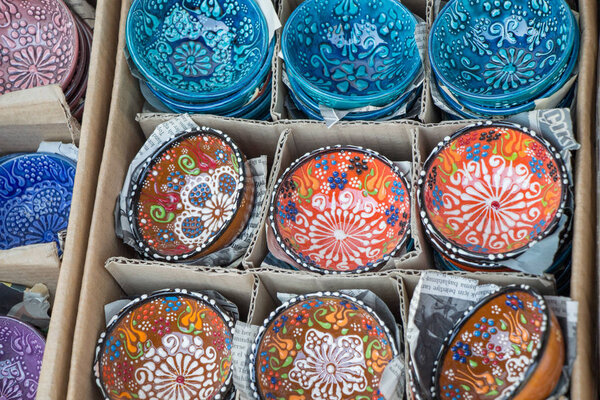 Traditional Turkish ceramic plates in bazaar