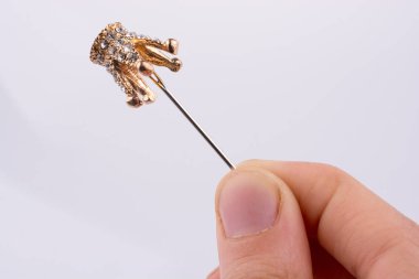 Taç iğne beyaz bir arka planda tutan el