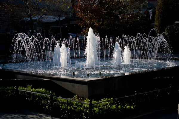 公園内のプールで輝く水を噴出する噴水 — ストック写真