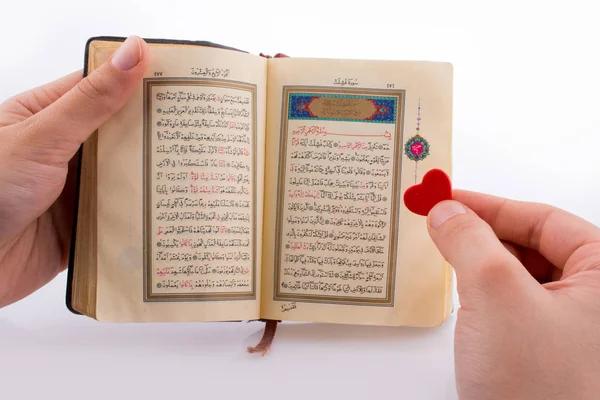 Mano Sosteniendo Sagrado Corán Con Corazón Sobre Fondo Blanco — Foto de Stock