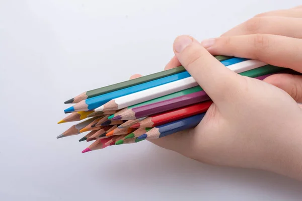 Hand Holding Color Pencils Placed White Background — Stock Photo, Image