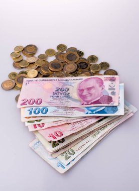 Türk Lirası sikke ve banknot beyaz arka plan üzerinde yan yana 