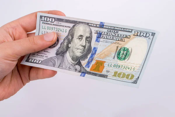 Person Mit Amerikanischem Dollarschein Auf Weißem Hintergrund — Stockfoto