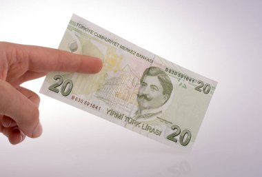 Turksh Lirası banknot beyaz arka plan üzerinde tutan el