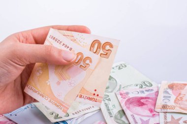 Turksh Lirası banknot beyaz arka plan üzerinde tutan el