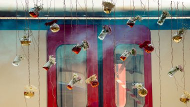 İplere asılı çiçekli bitkisel çay şişeleri