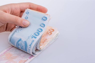 Turksh Lirası banknotlar beyaz arka plan üzerinde tutan el