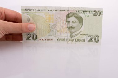 Turksh Lirası banknot beyaz arka plan üzerinde tutan el