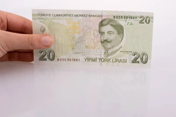 Hand Som Håller Turksh Lira Sedel Vit Bakgrund — Stockfoto