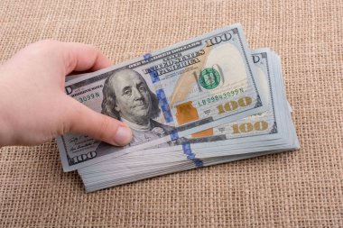 El ele tutuşan bir tomar Amerikan doları keten bir arka planda.