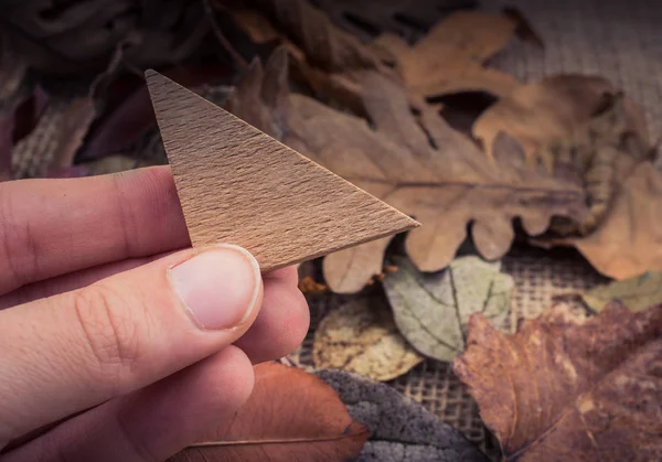 Mano Sosteniendo Triángulo Madera Sobre Hojas Secas — Foto de Stock