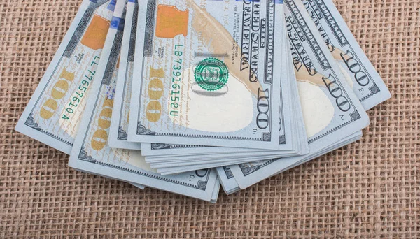 Pacote Notas Dólar Americano Colocado Uma Tela Linho — Fotografia de Stock