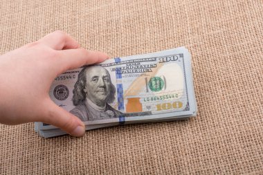 El ele tutuşan bir tomar Amerikan doları keten bir arka planda.