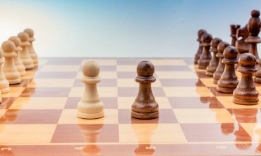 Satranç tahtasının üzerinde satranç taşları var.