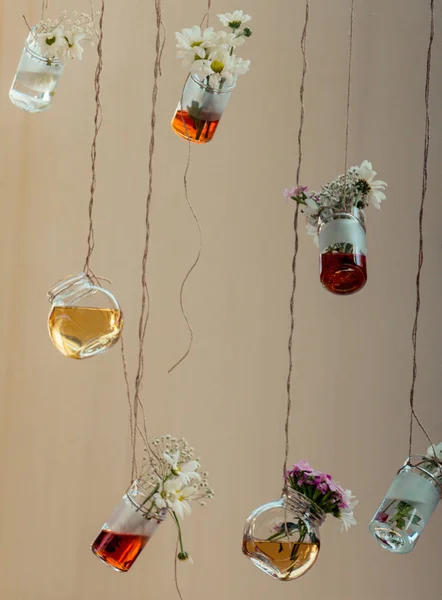 Botellas Hierbas Con Flores Colgando Cuerdas — Foto de Stock