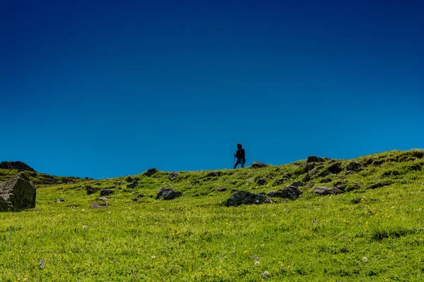 Hikers Backpacks Trekking Poles Walking Turkish Highland — Stock Photo, Image