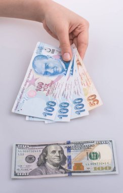 Türkçe Lira banknotlarını elinde tutan kişi beyaz arka planda Amerikan doları banknotlarının yanında