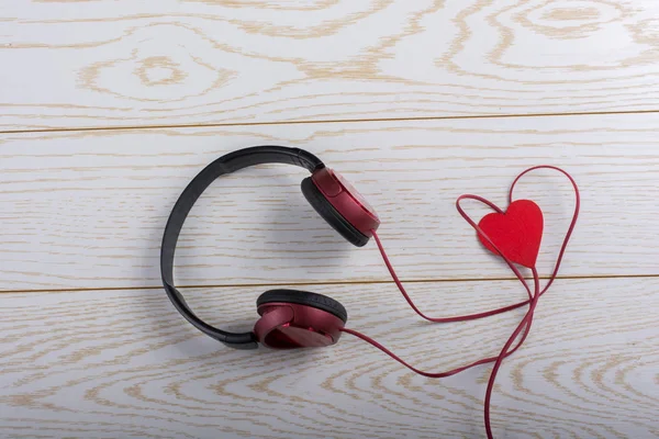 Red Heart Red Headphones Wooden Background — Stock Photo, Image